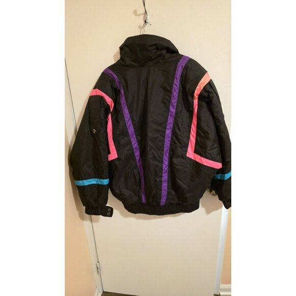 Vintage Profile Ski Jacket Womens Large Black 90s Neon Stripe Nylon Retro Zip - Picture 2 of 10